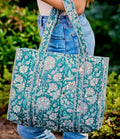 Anju Quilted Block-Printed Tote - Green Florals