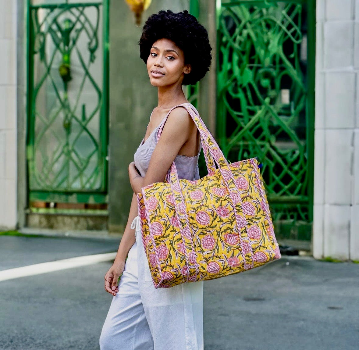 Anju Quilted Block Printed Tote -  Bright Dahlias