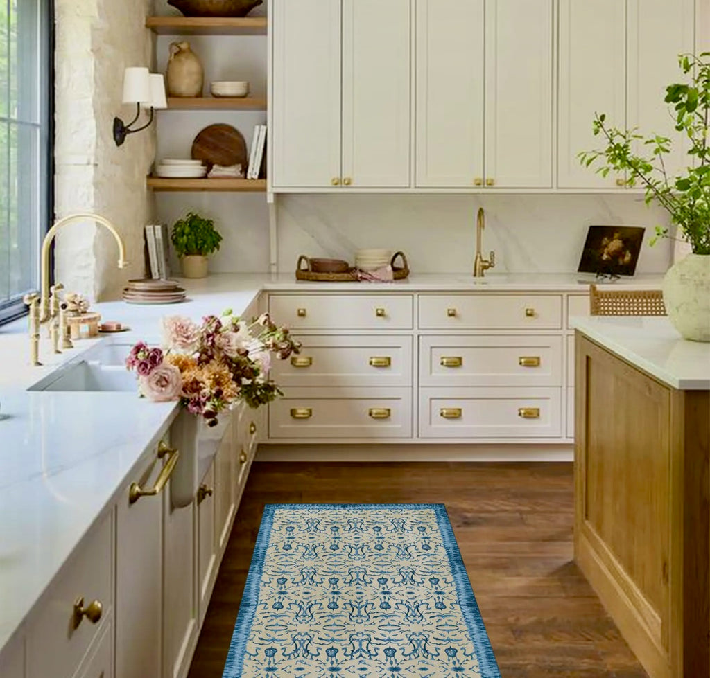 French Graffiti Blue & Tan Chinoiserie Vinyl Floor Mat - Large