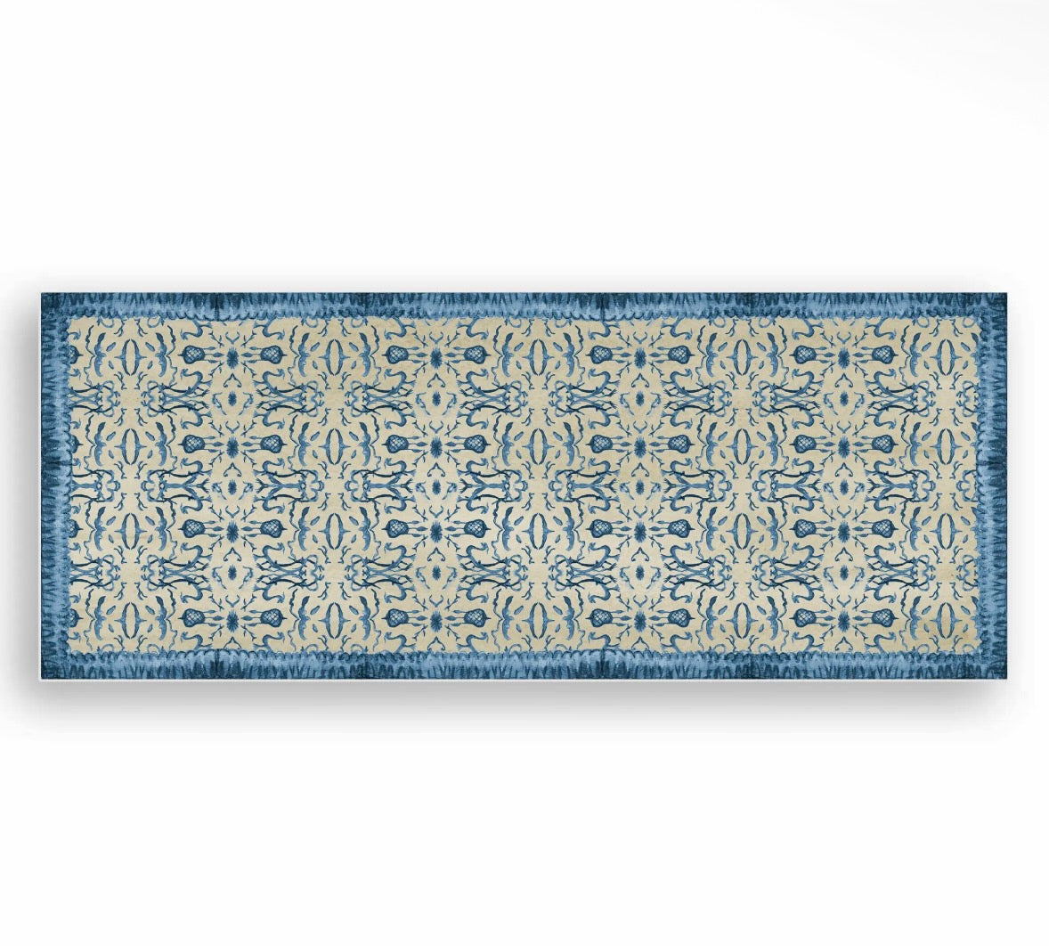 French Graffiti Blue & Tan Chinoiserie Vinyl Floor Mat - Large