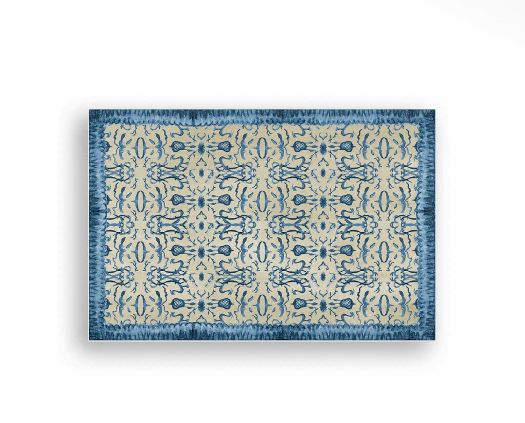 French Graffiti Blue & Tan Chinoiserie Vinyl Floor Mat - Small