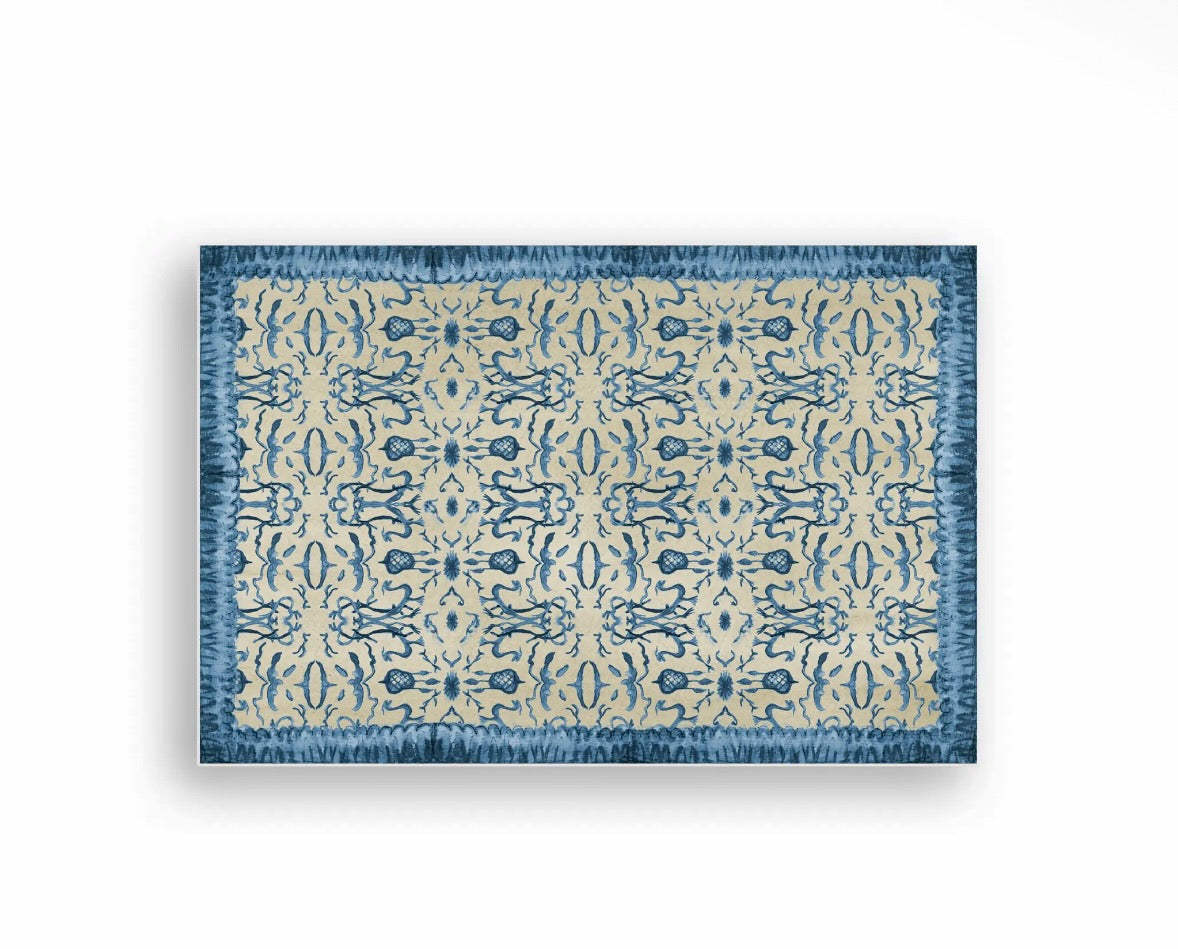 French Graffiti Blue & Tan Chinoiserie Vinyl Floor Mat - Small
