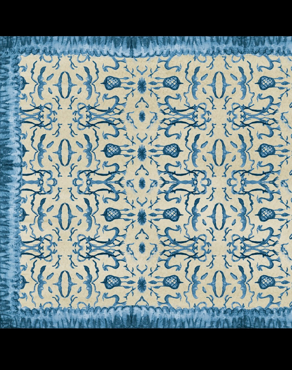 French Graffiti Blue & Tan Chinoiserie Vinyl Floor Mat - Small
